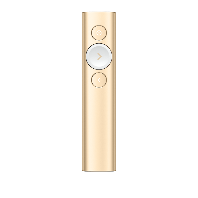 Презентер Logitech Spotlight Gold (золотистый, Bluetooth/2.4 GHz, перезаряжаемая литий-полимерная батарея 85мАч, 3D-акселерометр, гироскоп, кабель для зарядки, чехол)