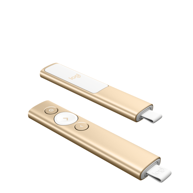 Презентер Logitech Spotlight Gold (золотистый, Bluetooth/2.4 GHz, перезаряжаемая литий-полимерная батарея 85мАч, 3D-акселерометр, гироскоп, кабель для зарядки, чехол)