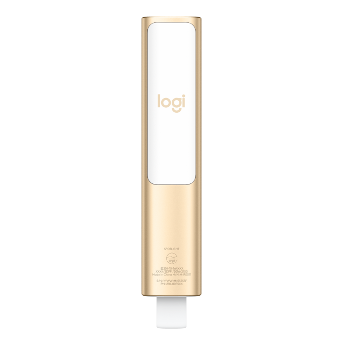 Презентер Logitech Spotlight Gold (золотистый, Bluetooth/2.4 GHz, перезаряжаемая литий-полимерная батарея 85мАч, 3D-акселерометр, гироскоп, кабель для зарядки, чехол)