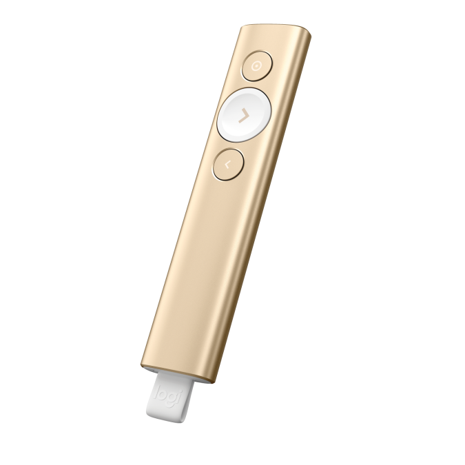 Презентер Logitech Spotlight Gold (золотистый, Bluetooth/2.4 GHz, перезаряжаемая литий-полимерная батарея 85мАч, 3D-акселерометр, гироскоп, кабель для зарядки, чехол)