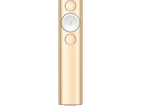 Презентер Logitech Spotlight Gold (золотистый, Bluetooth/2.4 GHz, перезаряжаемая литий-полимерная батарея 85мАч, 3D-акселерометр, гироскоп, кабель для зарядки, чехол)