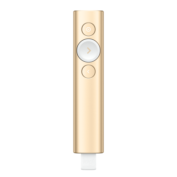 Презентер Logitech Spotlight Gold (золотистый, Bluetooth/2.4 GHz, перезаряжаемая литий-полимерная батарея 85мАч, 3D-акселерометр, гироскоп, кабель для зарядки, чехол)