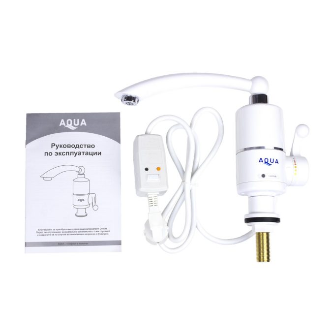 Бытовой кран с подогревом воды, AQUA, WH101W, 220В, Температура нагрева до +60 С, Длина кабеля 1.5м, Белый
