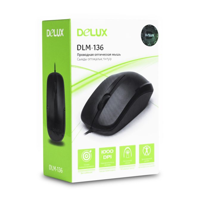 Компьютерная мышь, Delux, DLM-136OUB, Оптическая, USB, 1000dpi, Длина провода 1,6 м, Чёрная