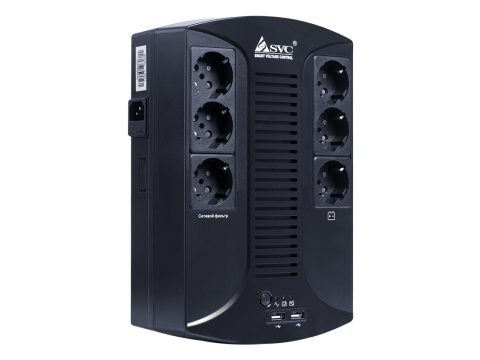 Источник бесперебойного питания, SVC, U-650-L, USB, Мощность 650ВА/390Вт, Диапазон работы AVR: 145-290В, Бат.: 12В/7 Ач х 1 шт.., 6 вых.: Shuko CEE7(3 с работой от батареи, 3 сетевой фильтр), USB 5В/2А*2 шт., Чёрный