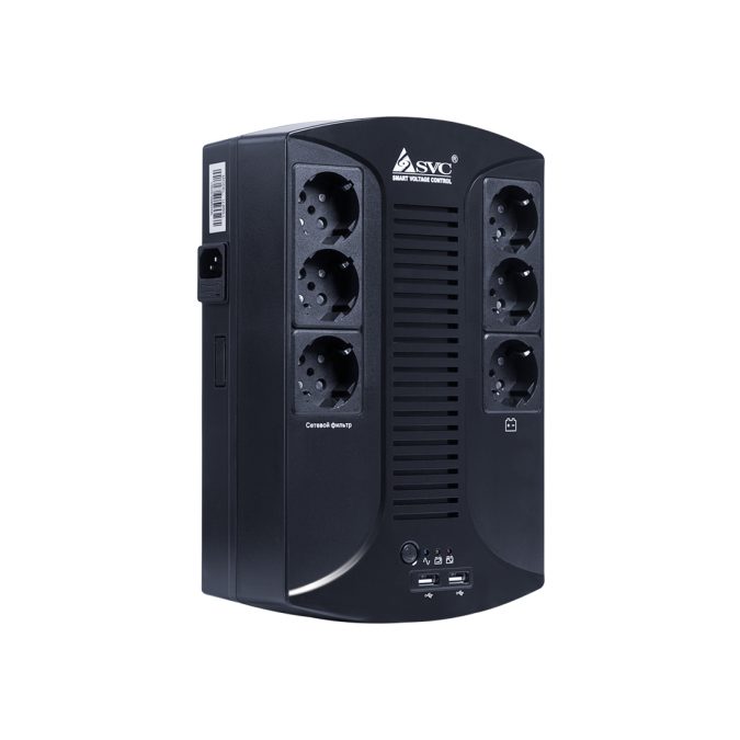 Источник бесперебойного питания, SVC, U-650-L, USB, Мощность 650ВА/390Вт, Диапазон работы AVR: 145-290В, Бат.: 12В/7 Ач х 1 шт.., 6 вых.: Shuko CEE7(3 с работой от батареи, 3 сетевой фильтр), USB 5В/2А*2 шт., Чёрный