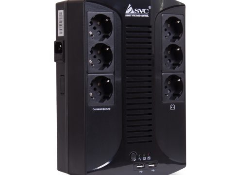Источник бесперебойного питания, SVC, U-850-L, USB, Мощность 850ВА/510Вт, Диапазон работы AVR: 145-290В, Бат.: 12В/8Ач., 6 вых.: Shuko CEE7(3 с работой от батареи, 3 сетевой фильтр), USB 5В/2А*2 шт., Чёрный