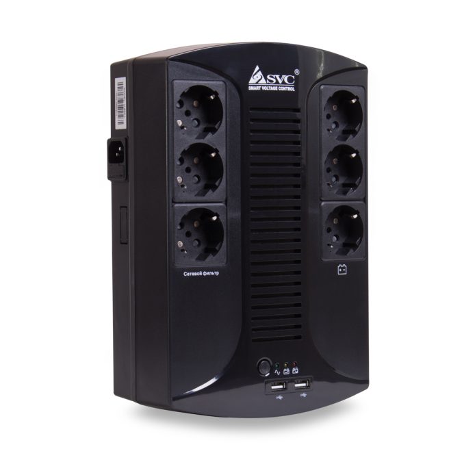 Источник бесперебойного питания, SVC, U-850-L, USB, Мощность 850ВА/510Вт, Диапазон работы AVR: 145-290В, Бат.: 12В/8Ач., 6 вых.: Shuko CEE7(3 с работой от батареи, 3 сетевой фильтр), USB 5В/2А*2 шт., Чёрный