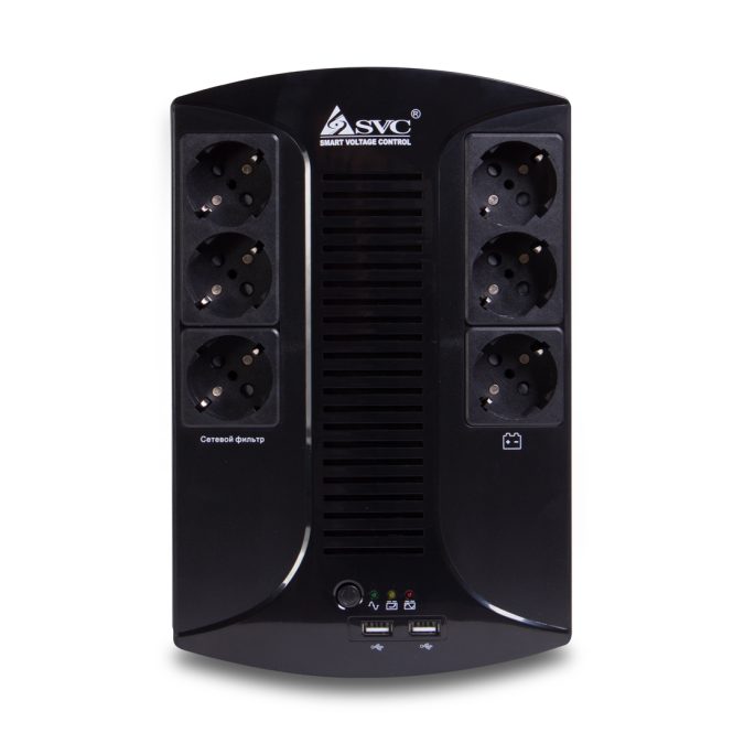 Источник бесперебойного питания, SVC, U-850-L, USB, Мощность 850ВА/510Вт, Диапазон работы AVR: 145-290В, Бат.: 12В/8Ач., 6 вых.: Shuko CEE7(3 с работой от батареи, 3 сетевой фильтр), USB 5В/2А*2 шт., Чёрный