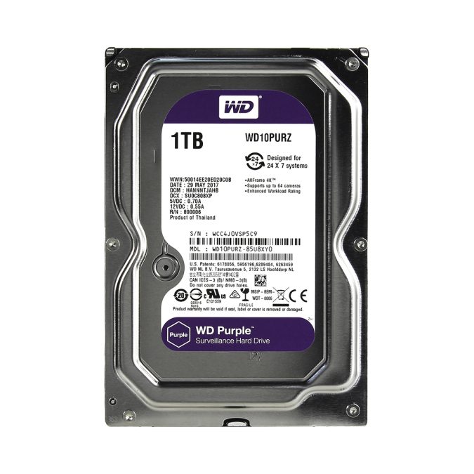 Жёсткий диск для видеонаблюдения, Western Digital, WD10PURZ Purple, HDD 1Tb, SATA 6Gb/s, 64Mb 3,5"