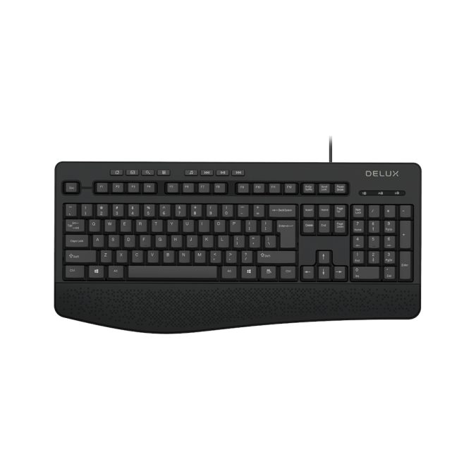 Клавиатура, Delux, DLK-6060UB, USB, Кол-во стандартных клавиш 104, 8 мультимедиа-клавиш, Размер: 446*211*24 мм., Длина кабеля 1,6 метра, Защита от случайного пролива воды/кофе, Чёрный