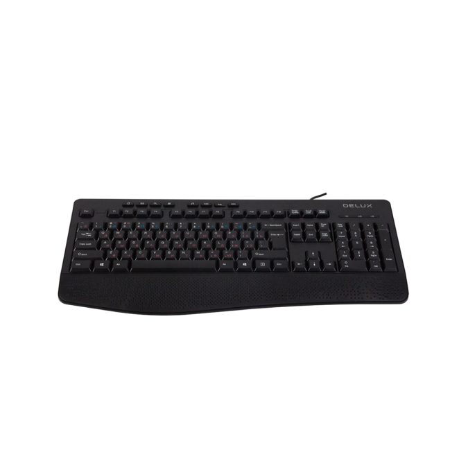 Клавиатура, Delux, DLK-6060UB, USB, Кол-во стандартных клавиш 104, 8 мультимедиа-клавиш, Размер: 446*211*24 мм., Длина кабеля 1,6 метра, Защита от случайного пролива воды/кофе, Чёрный