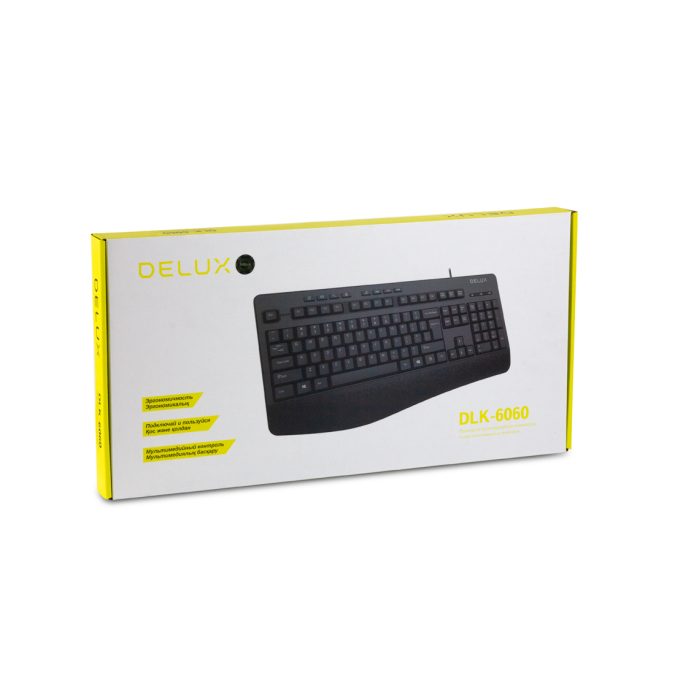Клавиатура, Delux, DLK-6060UB, USB, Кол-во стандартных клавиш 104, 8 мультимедиа-клавиш, Размер: 446*211*24 мм., Длина кабеля 1,6 метра, Защита от случайного пролива воды/кофе, Чёрный