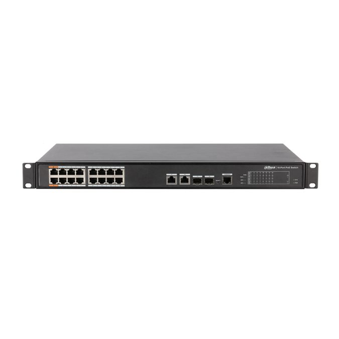 Коммутатор, Dahua, DH-PFS4218-16ET-240, 19-дюймовый стоечный, 16 портов 10/100M + 2 комбо порта SFP, Управляемый (L2), PoE, Корпус металл, 1U