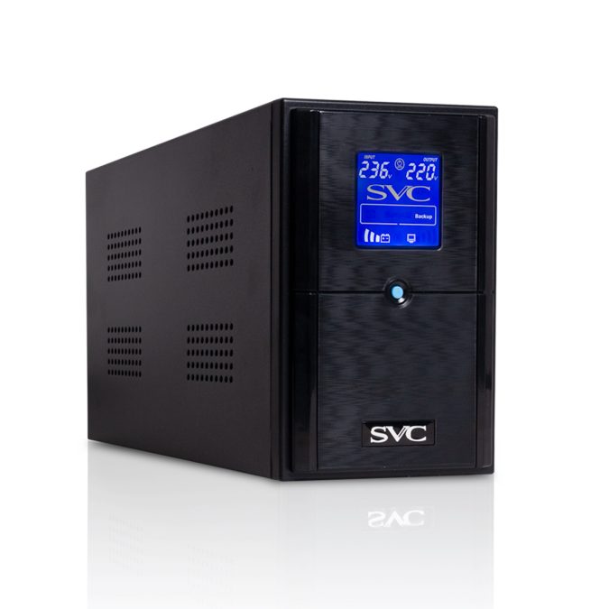 Источник бесперебойного питания, SVC, V-1200-L-LCD, Мощность 1200ВА/720Вт, Диапазон работы AVR: 165-275В, Бат.: 12В/7 Ач*2шт., 3 вых.: Shuko CEE7., Чёрный