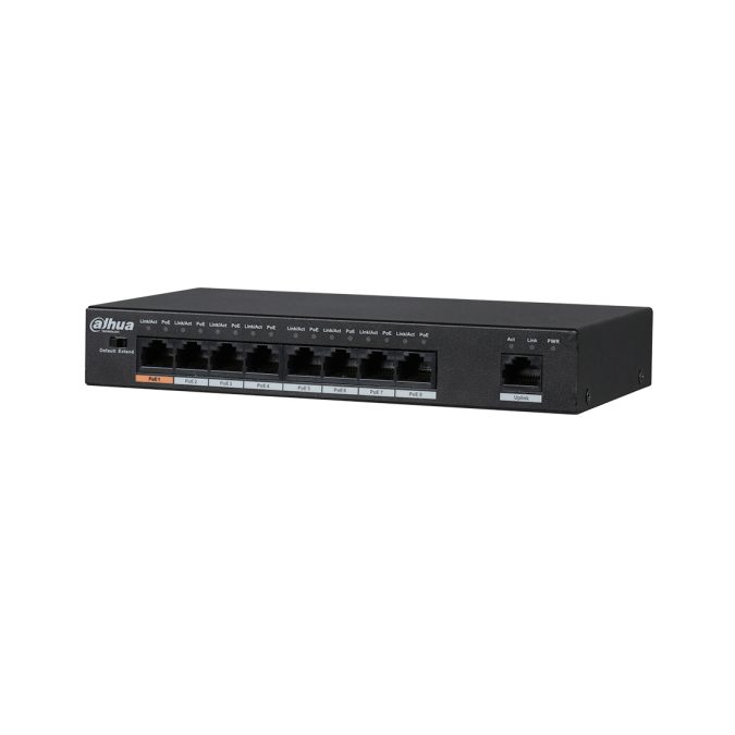 Коммутатор, Dahua, DH-PFS3009-8ET-96, Настольный, 8 портов x10/100 Base-T (Питание PoE). 1 порт x10/100 Base-T, Корпус металл