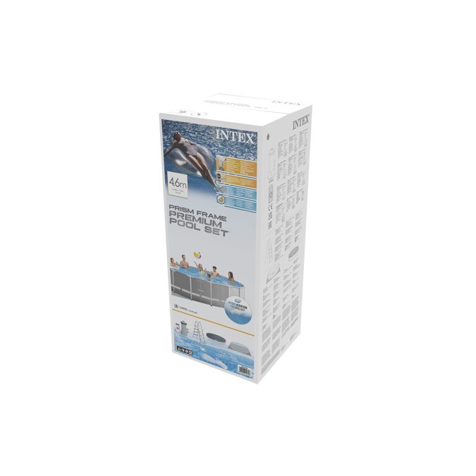 Каркасный бассейн Prism Frame 457 х 122 см, INTEX, 26726NP, Винил, 16805 л., Стальной каркас, Ф-насос 28638 (3785л/ч), Лестница 28076, Подложка 28048, Тент 28032, Гидроаэрация 22025, Серый, Цветная коробка