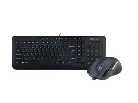 Комплект Клавиатура + Мышь, Delux, DLD-6220OUB, Оптическая Мышь, USB, 1000-3200DPI, Длина кабеля 1,6 метра, Кол-во стандартных клавиш 104, Анг/Рус/Каз, Чёрный