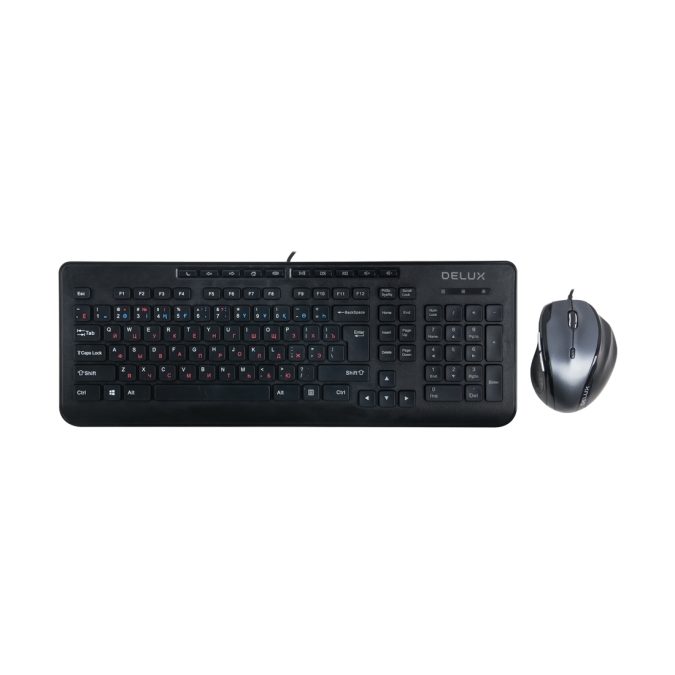 Комплект Клавиатура + Мышь, Delux, DLD-6220OUB, Оптическая Мышь, USB, 1000-3200DPI, Длина кабеля 1,6 метра, Кол-во стандартных клавиш 104, Анг/Рус/Каз, Чёрный
