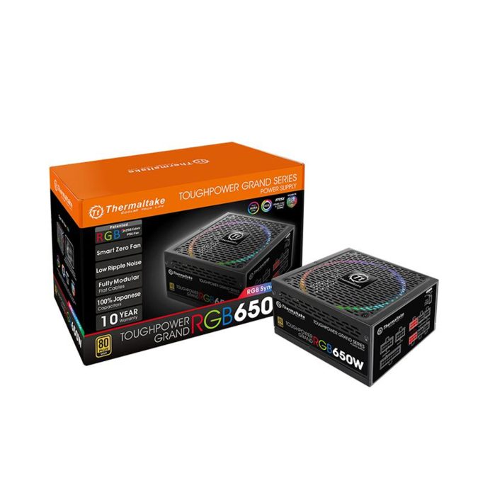 Блок питания, Thermaltake, Toughpower Grand RGB Sync Edition 650W, PS-TPG-0650FPCGEU-S, 650W, ATX, Gold, APFC, 20+4 pin, 4+4pin, 12*Sata, 4*Molex, 6*PCI-E 6+2 pin, FDD, RGB sync cable, Modular, Вентилятор RGB 14 см, 150х86х160мм, Чёрный