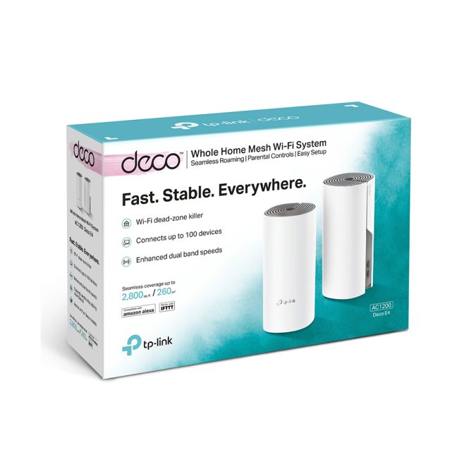 Беспроводная MESH-система Wi-Fi, TP-Link, Deco E4 (2-pack), MESH, Wi-Fi 5, 802.11a/b/g/n/ac, 2.4ГГц/5ГГц, АС1167, 2 порта 10/100М, 2 модуля Deco в комплекте