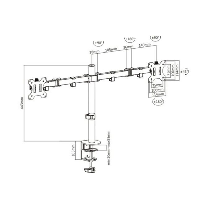 Настольный кронштейн для мониторов, Brateck, LDT12-C024N, 13"-32", Нагрузка 2х8 кг., Наклон +/- 45°, Поворот +/- 90°, Вращение монитора +/- 180°, VESA 75x75,100x100