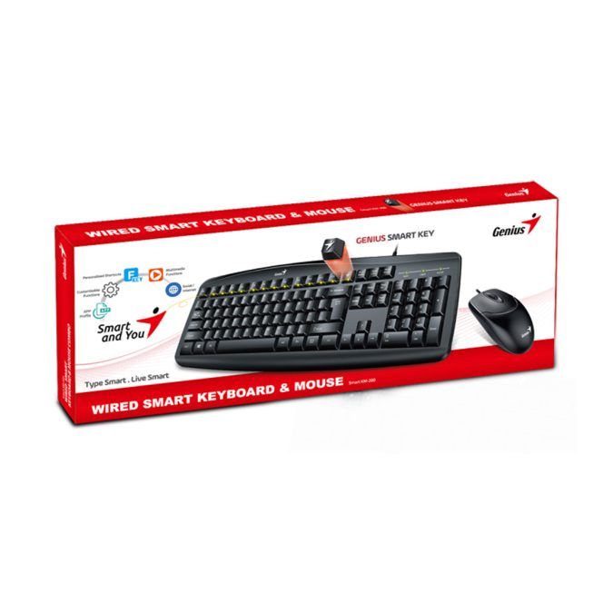 Комплект Клавиатура + Мышь, Genius, Smart KM-200, Англ/ Рус, Длина кабеля 135 см, USB, Влагозащита, Пластик, Чёрный