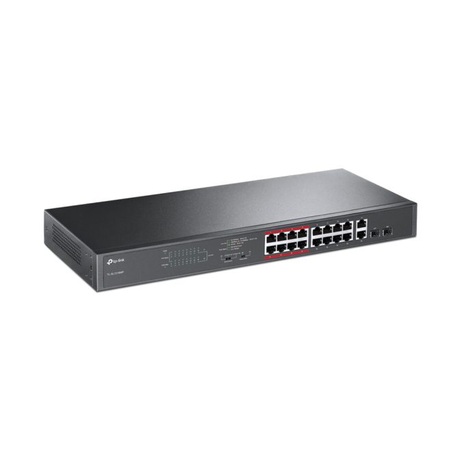 Коммутатор, TP-Link, TL-SL1218MP, Неуправляемый коммутатор PoE+ на 16 портов 10/100 Мбит/с и 2*RJ45 и 2*SFPслота Combo, РоЕ 250 Вт