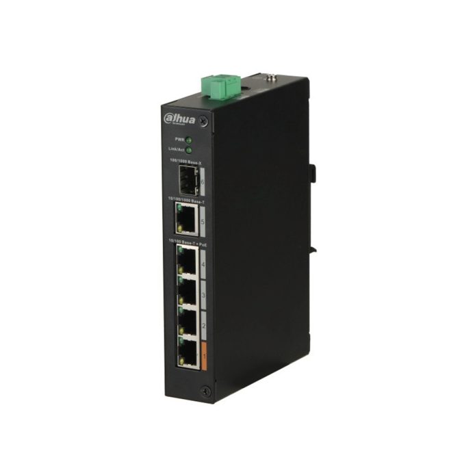 Коммутатор, Dahua, DH-PFS3106-4ET-60, Индустриальный, 4 порта 10/100M + 1 комбо порт 10/100/1000Base-T/Base-X , Неуправляемый, PoE, Корпус металл