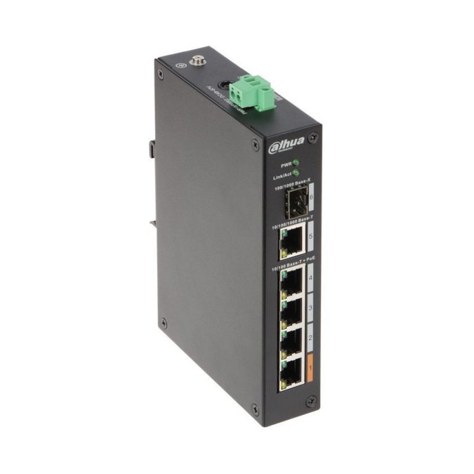 Коммутатор, Dahua, DH-PFS3106-4ET-60, Индустриальный, 4 порта 10/100M + 1 комбо порт 10/100/1000Base-T/Base-X , Неуправляемый, PoE, Корпус металл