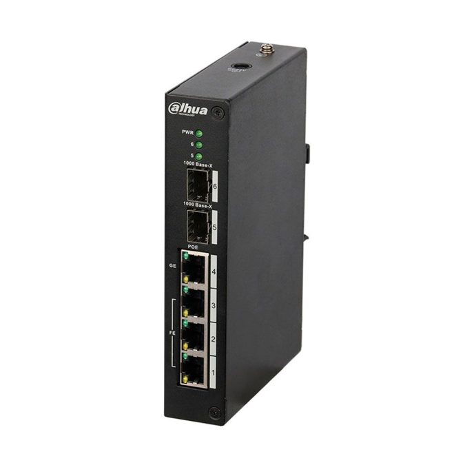 Коммутатор, Dahua, DH-PFS4206-4P-96, Индустриальный, 2 порта 1000 Base-X (SFP)/1 порт 10/100/1000 Base-T(Hi-PoE/PoE+/PoE)/3 порта 10/100 Base-T (PoE+/PoE), Управляемый, Корпус металл