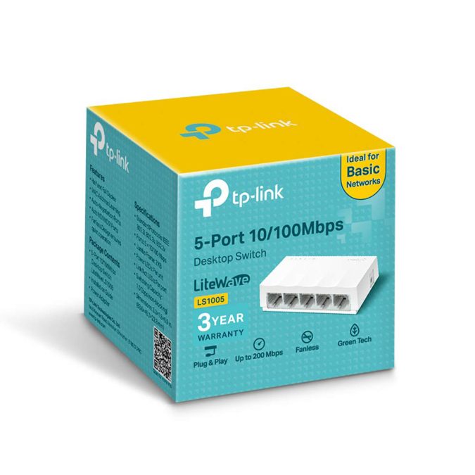 Коммутатор, TP-Link, LS1005, Неуправляемый, 5-портовый 10/100 Мбит/с настольный коммутатор.
