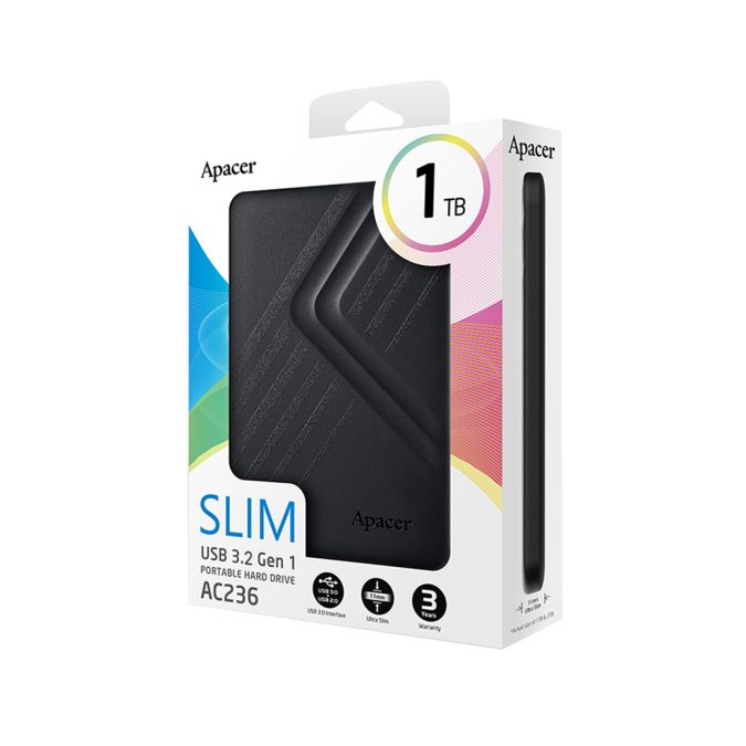 Внешний жёсткий диск, Apacer, AC236, AP1TBAC236B-1, 1TB, 2.5", USB 3.2, Чёрный