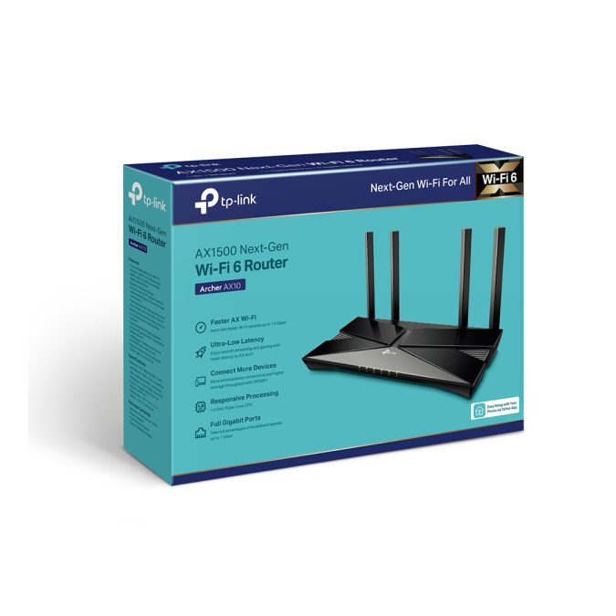 Маршрутизатор, TP-Link, Archer AX10, Wi-Fi-6 до 1,5 Гбит/с — до 1201 Мбит/с на частоте 5 ГГц, до 300 Мбит/с на частоте 2,4 ГГц, 802.11a/b/g/n/ac/ax, 4 фиксированные антенны MU-MIMO, OFDMA, 1 гигабитный порт WAN, 4 гигабитных порта LAN
