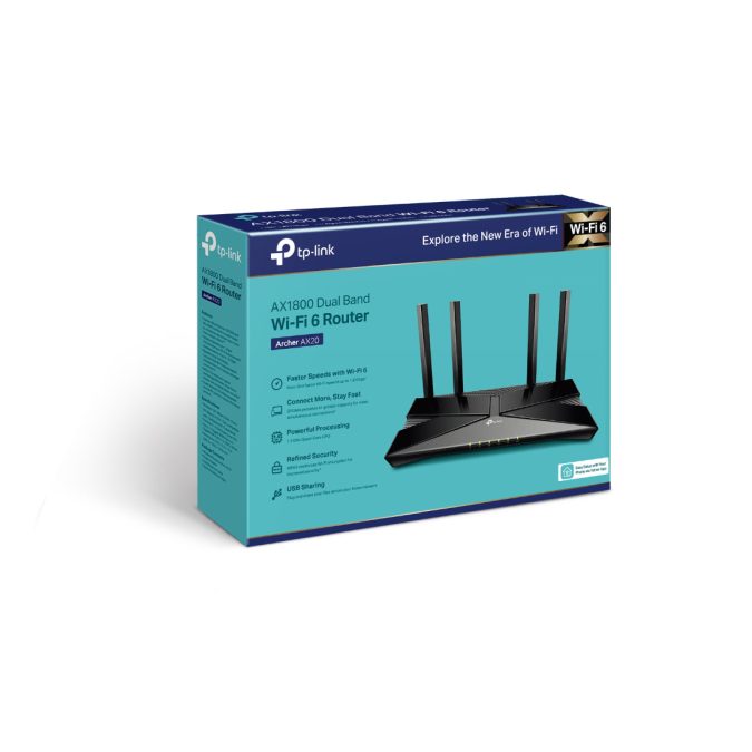 Маршрутизатор, TP-Link, Archer AX20, Wi-Fi-6 до 1,8 Гбит/с — до 1201 Мбит/с на частоте 5 ГГц, до 574 Мбит/с на частоте 2,4 ГГц, 802.11a/b/g/n/ac/ax, 4 фиксированные антенны MU-MIMO, OFDMA, 1 гигабитный порт WAN, 4 гигабитных порта LAN