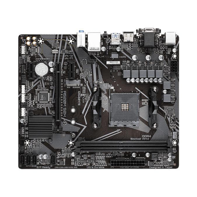 Материнская плата, Gigabyte, A520M S2H (4719331809720), AM4, А520, 2xDDR4 2133/2400/2667/3200/5100(OC), 4xSATA3, 1xM.2 (PCIe 3.0 x2/x4 и SATA), 1xDVI-D, 1xHDMI, 1xD-Sub, 1xPCI-Ex16, 2xPCI-Ex1, mATX