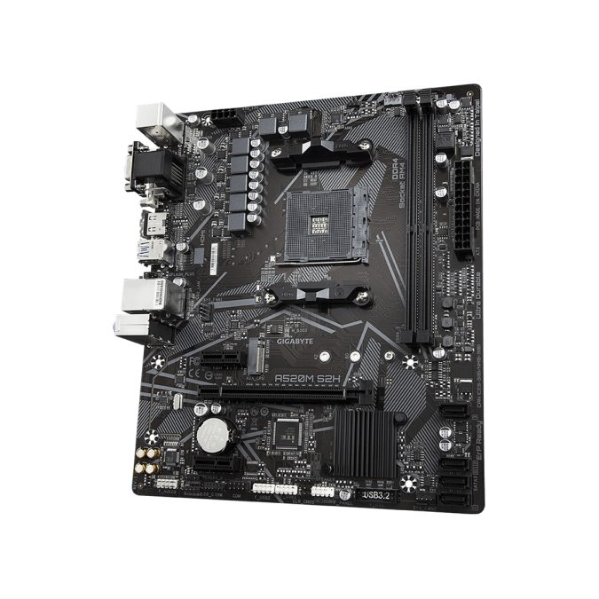 Материнская плата, Gigabyte, A520M S2H (4719331809720), AM4, А520, 2xDDR4 2133/2400/2667/3200/5100(OC), 4xSATA3, 1xM.2 (PCIe 3.0 x2/x4 и SATA), 1xDVI-D, 1xHDMI, 1xD-Sub, 1xPCI-Ex16, 2xPCI-Ex1, mATX