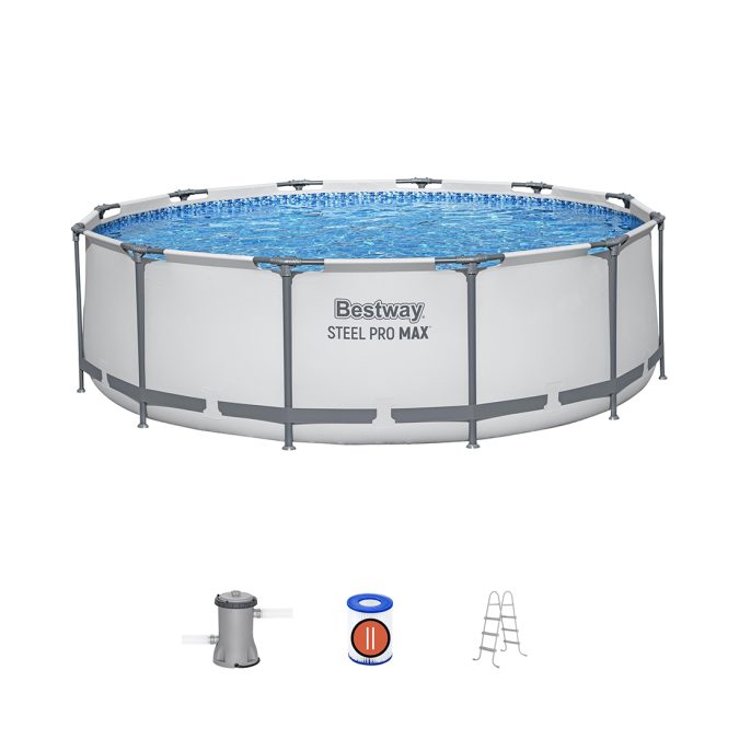 Каркасный бассейн Steel Pro MAX 366 х 100 см, BESTWAY, 56418, Винил, 9150 л., Стальной каркас, Ф-насос 58383 (2006л/ч), Лестница 58335, Серый, Цветная коробка