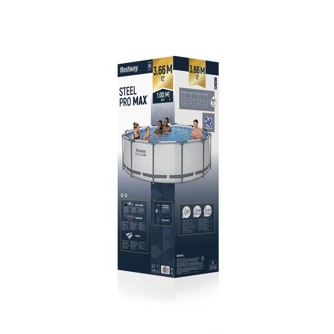 Каркасный бассейн Steel Pro MAX 366 х 100 см, BESTWAY, 56418, Винил, 9150 л., Стальной каркас, Ф-насос 58383 (2006л/ч), Лестница 58335, Серый, Цветная коробка