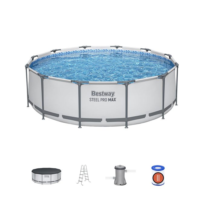 Каркасный бассейн Steel Pro MAX 366 х 122 см, BESTWAY, 56420, Винил, 10250 л., Стальной каркас, Ф-насос 58383 (2006л/ч), Лестница 58336, Тент 58037, Серый, Цветная коробка