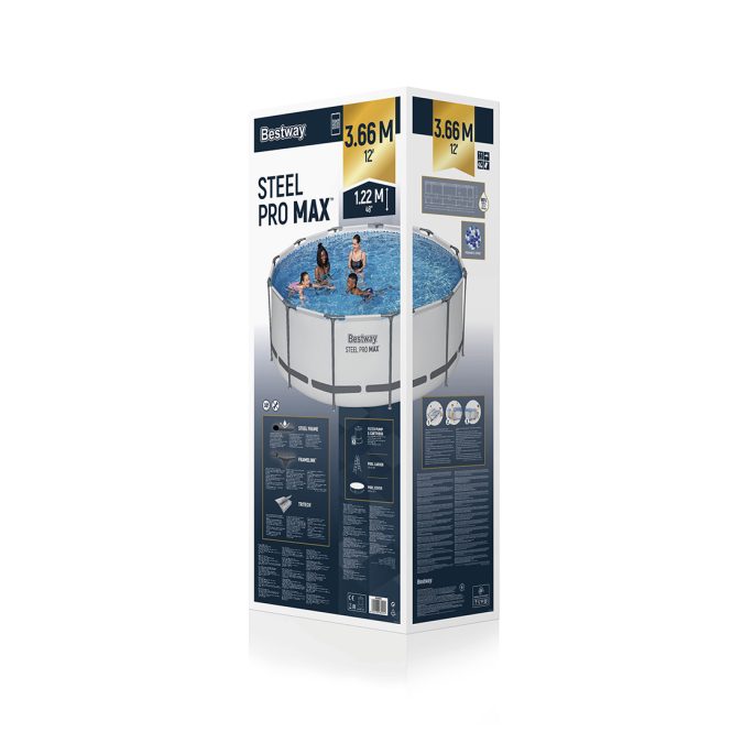 Каркасный бассейн Steel Pro MAX 366 х 122 см, BESTWAY, 56420, Винил, 10250 л., Стальной каркас, Ф-насос 58383 (2006л/ч), Лестница 58336, Тент 58037, Серый, Цветная коробка