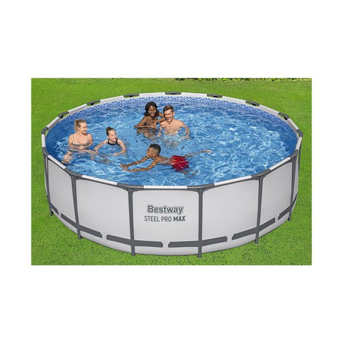 Каркасный бассейн Steel Pro MAX 457 х 122 см, BESTWAY, 56438, Винил, 16015 л., Стальной каркас, Ф-насос 58386 (3028л/ч), Лестница 58336, Тент 58038, Серый, Цветная коробка