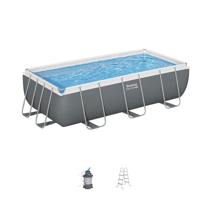 Каркасный бассейн Steel Pro MAX Rectangular 404 х 201 х 100 см, BESTWAY, 56442, Винил, 6478 л., Стальной каркас, Песочный ф-насос 58515 (3596/ч), Лестница 58335, Серый, Цветная коробка