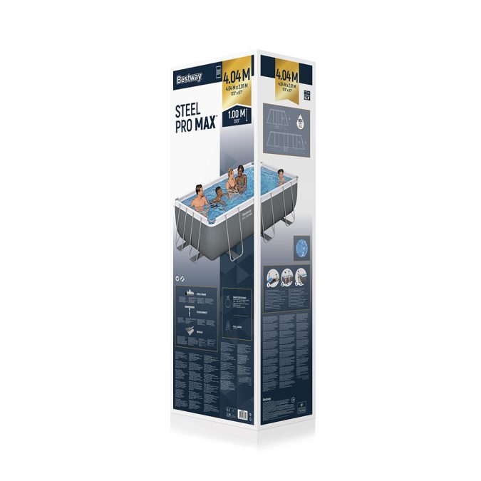 Каркасный бассейн Steel Pro MAX Rectangular 404 х 201 х 100 см, BESTWAY, 56442, Винил, 6478 л., Стальной каркас, Песочный ф-насос 58515 (3596/ч), Лестница 58335, Серый, Цветная коробка
