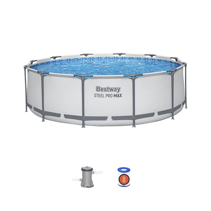 Каркасный бассейн Steel Pro MAX 366 х 100 см, BESTWAY, 56260, Винил, 9150 л., Стальной каркас, Ф-насос 58383 (2006л/ч), Серый, Цветная коробка