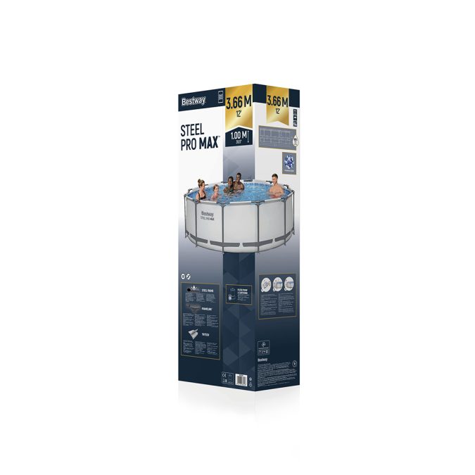 Каркасный бассейн Steel Pro MAX 366 х 100 см, BESTWAY, 56260, Винил, 9150 л., Стальной каркас, Ф-насос 58383 (2006л/ч), Серый, Цветная коробка