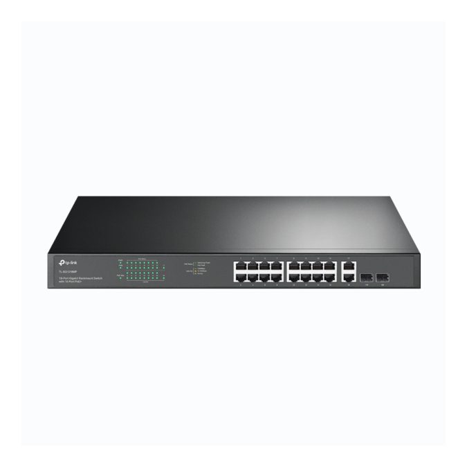 Коммутатор, TP-Link, TL-SG1218MP, Неуправляемый, 16 гигабитных PoE+ портов RJ45, 2 гигабитных порта RJ45 без PoE, 2 гигабитных комбо SFPслота,PoE 250 Вт