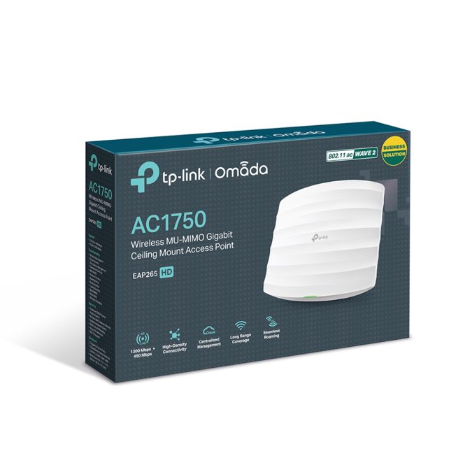 Wi-Fi точка доступа, TP-Link, EAP265 HD, 802.11a/b/g/n/ac, 2,4 ГГц/5 ГГц, AC1750, 2 порта 10/100/1000М, MU-MIMO, PoE 802.3af/at и Passive PoE