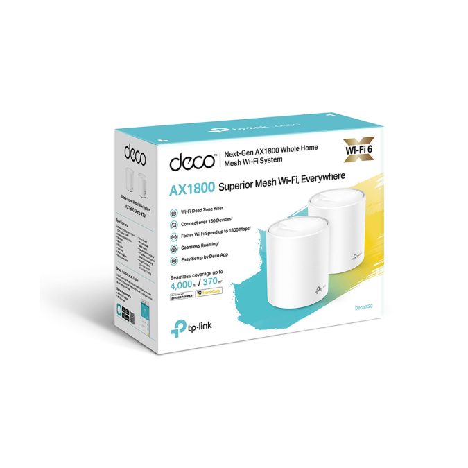 Беспроводная MESH-система Wi-Fi, TP-Link, Deco X20 (2-pack), AX1800, Wi-Fi 6, 802.11a/b/g/n/ac/ax, 2,4 ГГц/5 ГГц, 2 порта 10/100/1000M WAN/LAN, 2 модуля в комплекте
