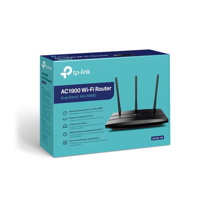 Маршрутизатор, TP-Link, Archer A8, IEEE 802.11a/b/g/n/ac, 2,4 ГГц, 5 ГГц, 33 MU-MIMO, 1 гигабитный порт WAN, 4 гигабитных порта LAN, АС1900